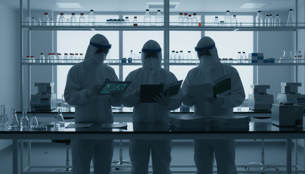 A professional and clean composition depicting a pharmaceutical procurement scenario in Colombia. Include silhouettes of three professionals wearing PPE engaged in a laboratory setting, analyzing data on digital devices while examining regulatory documents. The environment should reflect GMP compliance with organized lab equipment and supplies visible. Ensure edge-to-edge composition with neutral lighting and a clean color palette. Crop to fill; avoid any black bars or empty margins.